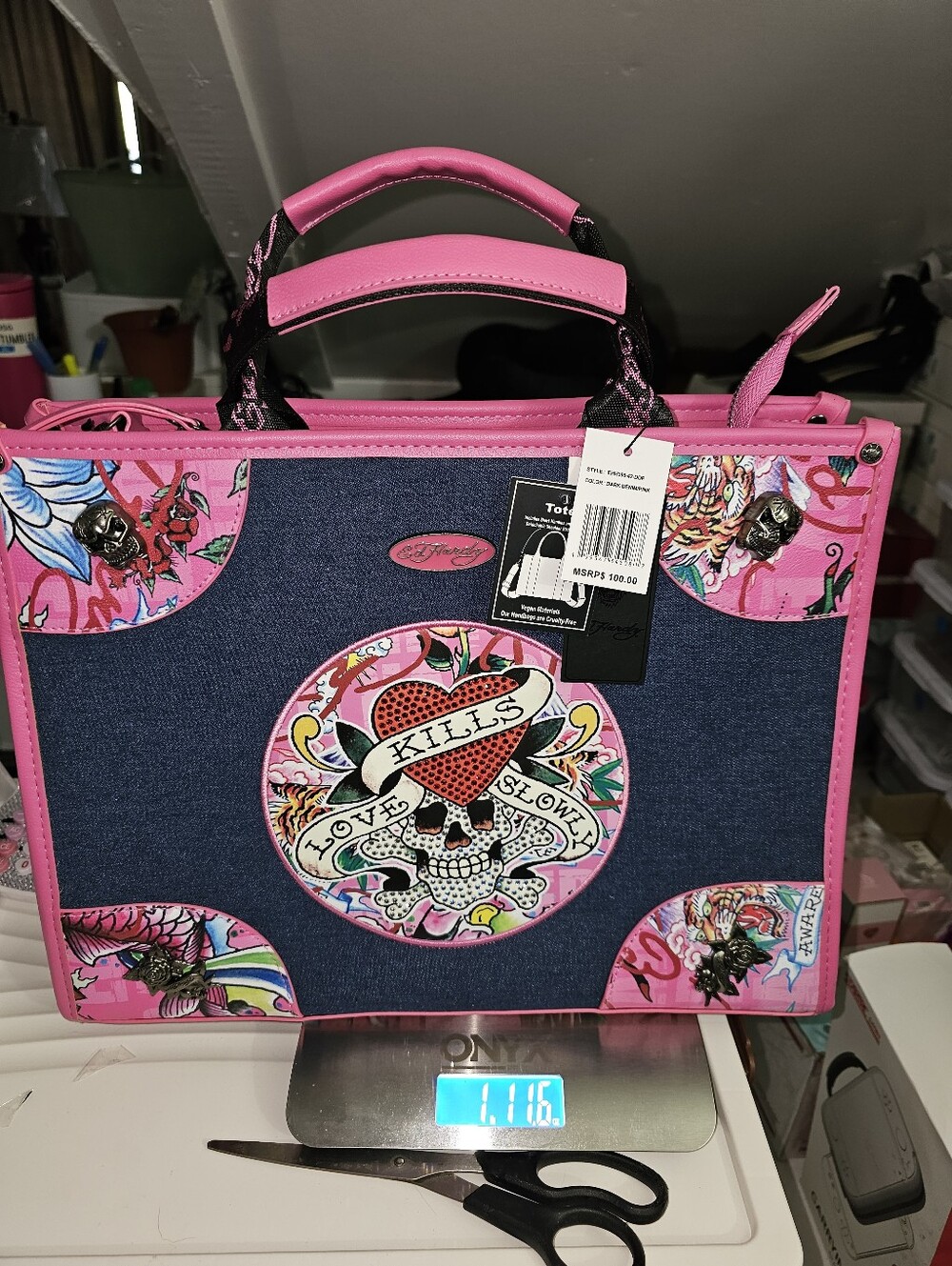 Ed Hardy Pink and Denim Tote Bag  with Tattoo Skull Graphic